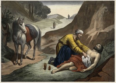 Parábola do Bom Samaritano - A parábola do Bom Samaritano: o samaritano parou no seu caminho para resgatar o moribundo. Gravura anónima de meados do século XIX. de Unknown artist