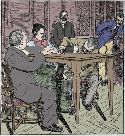 Fenômenos paranormais: experiência de levantar uma mesa em Milão em 1892 com a presença da média Eusapia Paladino e Cesare Lombroso (1835-1909) e Charles Richet (1835-1909). de Unknown artist