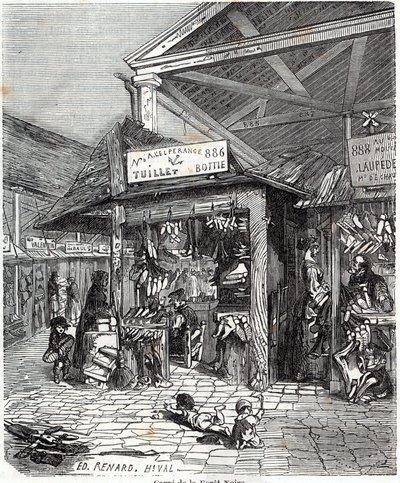 Paris 3º arrondissement - Carre de la Foret-Noire: venda de couro e calçado no Carreau du Temple no século XIX - Gravura em "Tableau-de-Paris" de Edmond Texier de Unknown artist