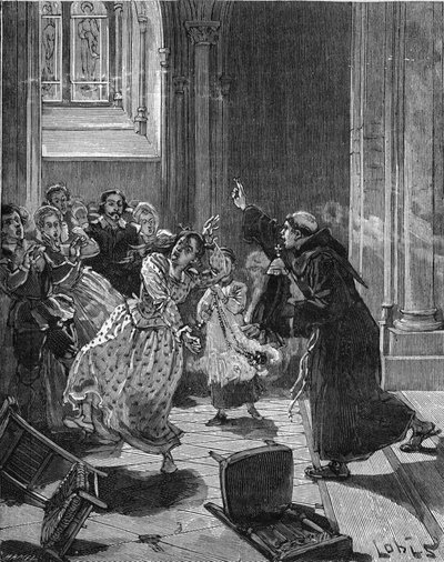 Paris, Igreja Sainte Genevieve (Sainte-Genevieve) (1599): um monge capuchinho tentando exorcizar uma mulher, Martha, afirmando ser possuída pelo Diabo. Gravura do século XIX. Em "Histoire de France", de Jules Michelet de Unknown artist