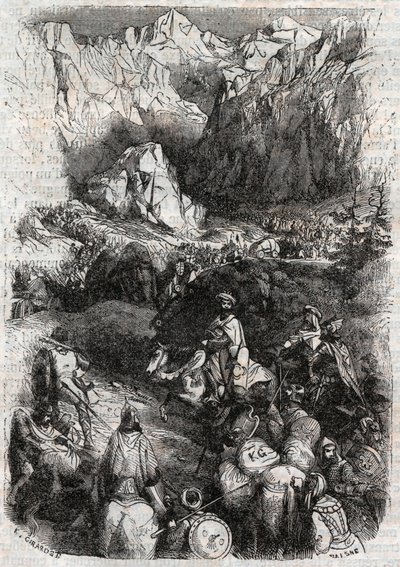 Passagem dos Pirinéus pelos Mouros - gravura de 1851 de "Furious Roland" (Orlando furioso) (século XVI) de Ludovico Ariosto, conhecido como Ariosta - Edição traduzida do italiano pelo Conde de Tressan e publicada por Gustave Harvard 1851 de Unknown artist