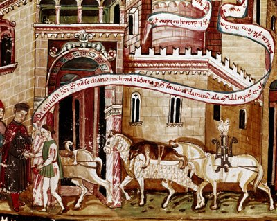 Pagamento da taxa de sal na entrada da cidade (gabelle) Miniatura do manuscrito (Sra. H V-5) "Codex de Privileges". de Unknown artist