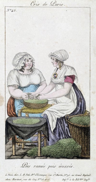 Comerciantes de ervilhas: duas mulheres a desfazer-se de ervilhas. "Ervilhas em fila, ervilhas escocesas" - em "Cris de Paris", deb. Século XIX de Unknown artist