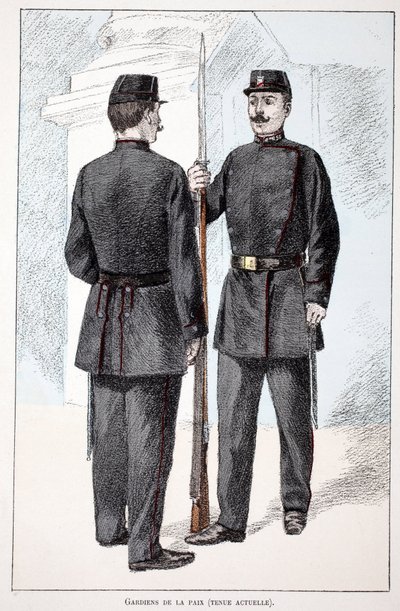 Peacekeepers (período Lepine). Gravura colorida, para ilustração do livro "Histoire du corps des gardiens de la paix" publicado sob os auspícios de Louis Lepine (1846-1933) prefet de police de la Seine, de Alfred Rey (1864-?) e Louis Feron (1862-?) de Unknown artist