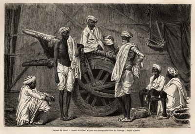 Camponeses de Scind (região de Punjab, Índia), junto à sua maquinaria agrícola. Gravura para ilustrar a viagem a Pandjab e Caxemira, história de Guillaume Lejean, em 1866, publicada na "Le tour du monde, nouveau journal des voyages", sob a direcção de Unknown artist