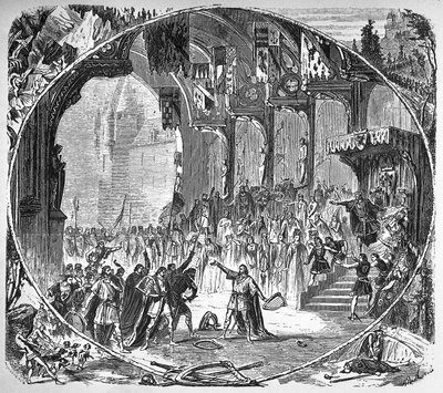 Performance de "Tannhauser" de Richard Wagner na Ópera de Paris em 1861. Cena final do segundo acto. Desenho Alfonso de Neuville. de Unknown artist