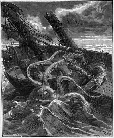 Perilleous Adventures Of Narcissus Nicaise In Congo - por Armand Dubarry 1836 -1910 - tinha à sua frente um formidável monstro marinho (Polvo gigante) (Polvo gigante) - gravura em Journal des voyage de 1881 - de Unknown artist