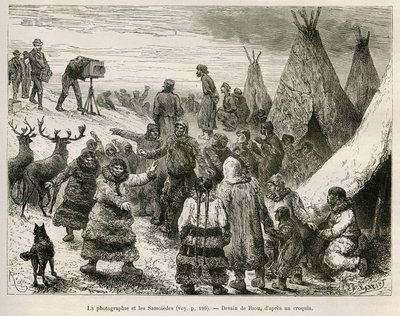Fotografia e Samoiedes da região de Caborova (Suécia), desenho de Riou, para ilustrar a história do Professor Nils Adolf Erik (Eric) Baron Nordenskjold (Nordenskiold) (1832-1901): Expedição Polar Sueca de Unknown artist