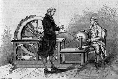 Experiência física no século XVIII: brilho produzido por uma máquina eléctrica. (De Abbe Nollet). Gravura em "La Nature: Revue des sciences et de leurs applications aux arts et a l