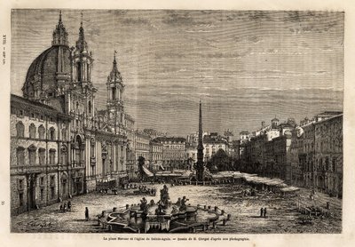 Piazza Navona, construída sobre as ruínas do Estádio de Domiciano do século I, é o orgulho da Roma Barroca, com a fonte dos 4 rios, construída entre 1648-1651, segundo o projeto de Bernini (1598-1620) e a Igreja de Santa Inês, aposta batie de Unknown artist