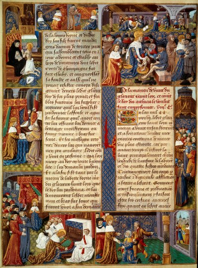 Cena da tarte: "Rei Luís IX (1214-1270) (Saint Louis) lavando os pés dos pobres, o rei orando e cenas de caridade cristã do rei" Miniatura de um manuscrito "O Livro de Fatos de Monsenhor Saint Louis" do século XV. Paris, B.N de Unknown artist