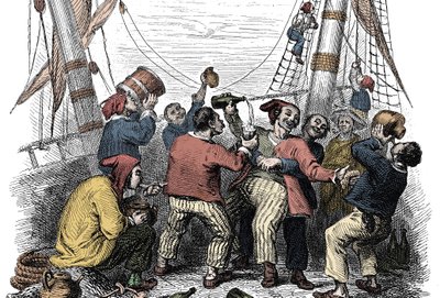 Piratas celebrando a captura de um rico saque após o ataque de um navio inimigo. Gravura do século XIX de Unknown artist