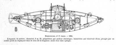 Placa representando o submarino (submarino) Drzewiecki 2 projetada pelo inventor e engenheiro Stefan K. Drzewiecki (1844-1938) de Unknown artist