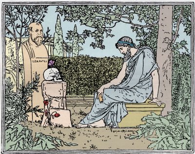 Platão meditando sobre a imortalidade antes de Sócrates, a borboleta, o crânio e a papoila por volta de 400 aC - Platão meditando sobre a imortalidade antes de Sócrates, uma borboleta, um crânio e uma papoila por volta de 400 aC gravura do século XIX de Unknown artist