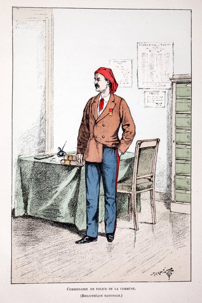 Comissário da Polícia da Comuna. Gravura colorida, para ilustração do livro "Histoire du corps des gardiens de la paix" publicado sob os auspícios de Louis Lepine (1846-1933) prefet de police de la Seine, de Alfred Rey (1864-?) e Louis Feron de Unknown artist