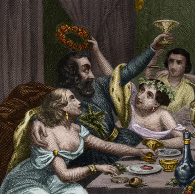 Papa Alexandre VI (1431-1503) (Alessandro, Rodrigo Borgia) Rodrigue Borgia celebra o casamento de sua filha Lucrece Borgia (Lucrezia) com 50 cortesãs no Vaticano. Gravura de 1842 em "Histoire des popes: crimes, assassinatos, envenenamentos, parrici de Unknown artist