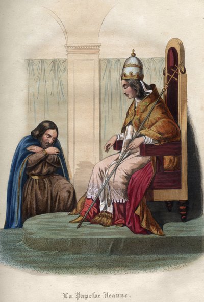 Papa Joan, que reinou entre 855 e 858, vestindo vestes papais. A papa Jeanne (pontificado de 855 a 858), com vestes pontifícias. Gravura de 1842 em "Histoire des popes", de Maurice Lachatre. Coleção particular. de Unknown artist