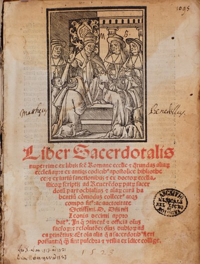 O Papa Leão X recebe o livro Frontispício do livro litúrgico "Liber Sacerdotalis" de Castellini de Unknown artist