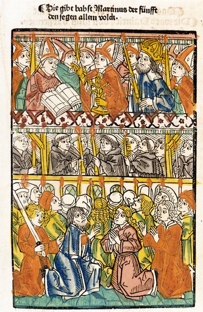 O Papa Martin V (1368 - 1431) eleito no Concílio de Constança (1417), pondo fim ao grande cisma do Ocidente, realiza a bênção. "Das concilium". de Unknown artist