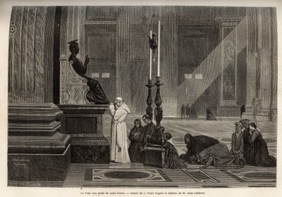 Papa Pio IX (pio 9) (1792-1878) recolhido ao pé da estátua de São Pedro, na entrada da Basílica, no Vaticano. Gravura para ilustrar a história de Roma, de Francis Wey, em 1864-1868, publicada em "le tour du monde", editada por D