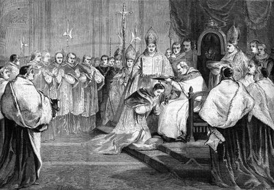 O Papa Pio IX entrega o chapéu do cardeal ao Príncipe Lucien Bonaparte em 1868. de Unknown artist