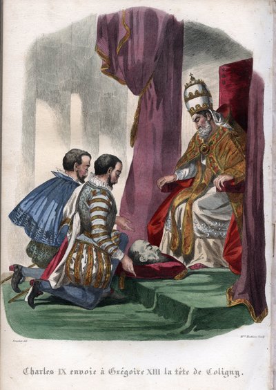 O Papa Gregório XIII (1502-1585) recebe a cabeça de Gaspard de Coligny (1519-1572), assassinado no massacre do Dia de São Bartolomeu em 1572, como presente do Rei Carlos IX da França (1550-1574). de Unknown artist