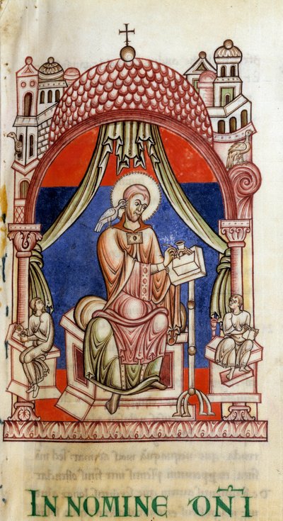 Papa São Gregório I, o Grande (540-604) rodeado por dois secretários. Ele está escrito com uma pomba sobre o ombro, símbolo do Espírito Santo (Espírito Santo). Miniatura das cartas de S. Gregório de Unknown artist