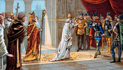 Papa Estevão II (Stephanus) implora a ajuda de Pepin the Brief contra os Lombardos em 754 no Ponthion Palace - Papa Estevão II (III) pede ajuda a Pepin the Brief contra os Lombardos em 754 de Unknown artist