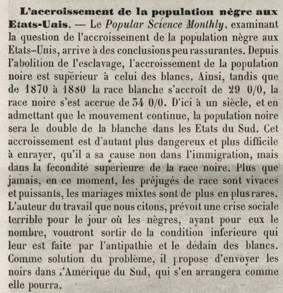 Crescimento populacional nega nos Estados Unidos: comentário racista no livro, de acordo com um artigo no Popular Science Monthly. Preocupados com o aumento da população negra americana e com a alta taxa de natalidade e querem remediar isso expulsando-os de Unknown artist