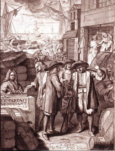 Os comerciantes do porto a falar uns com os outros. Gravura do século XIX. de Unknown artist