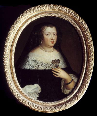 Retrato de Ana da Áustria (1601-1666) Rainha de França. Ela usa jóias de pérolas, um pingente adornado com pedra preciosa em forma de cruz e uma pulseira à volta do pulso esquerdo. Pintura anónima de Unknown artist