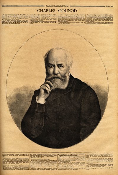 Retrato de Charles Gounod (1818-1893), compositor francês, conhecido pelas suas óperas (Fausto em 1859, Romeu e Juliette em 1867), compôs também sinfonias e numerosas melodias para os poemas de Alfred de Musset (1810-1857) e Victor Hugo (1802-1885). Engr de Unknown artist