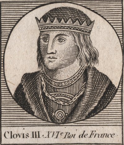 Retrato de Clóvis III, Rei dos Francos de 691 a 695 - CLOVIS III Merovingian King of Neustria e Austrasia - gravura de "Instruction sur l