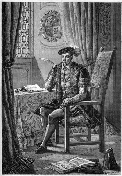 Retrato de Eduardo VI (1537-53) - Retrato do Rei Eduardo VI de Inglaterra e Irlanda (1537-1553) escrevendo seu diário - gravando em "L
