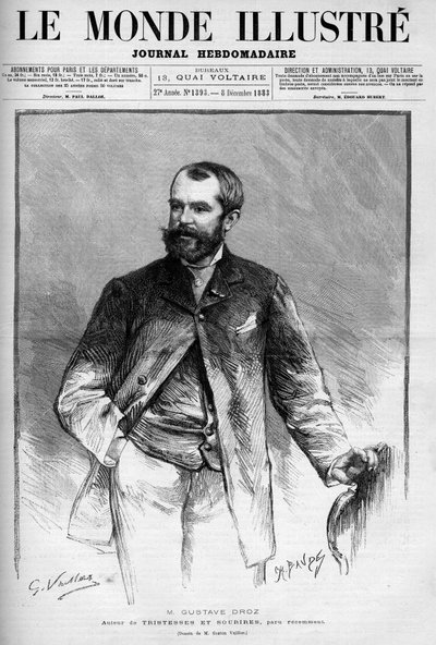 Retrato de Gustave Droz (1832-1895), pintor e romancista francês. Gravura em "Le Monde Illustré" (O Mundo Ilustrado) de Unknown artist
