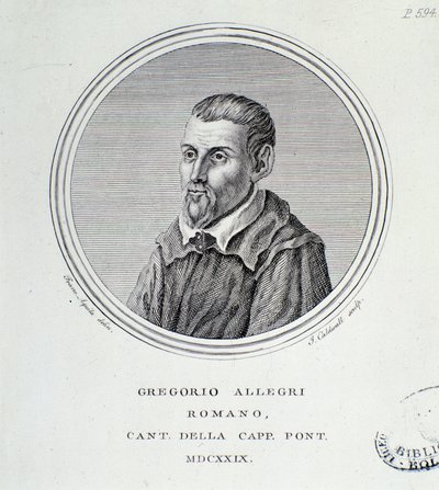 Retrato do compositor italiano Gregorio Allegri (1582-1652) Gravura. 1629. Bolonha, museu bibliográfico cívico de Unknown artist