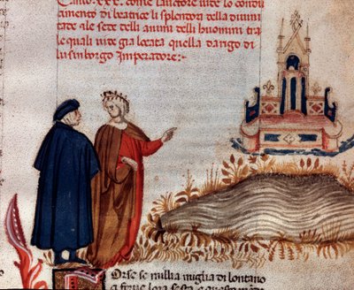Retrato do poeta italiano Dante Alighieri com Virgílio olhando para o trono de Henrique VII (canção 20 do Paraíso, na Divina Comédia) - Miniatura de Unknown artist