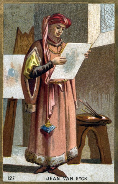 Retrato de Jan Van Eyck (1390 -1441) Pintor flamengo - cocar da cabeça de um liripipião. Cromolitografia do século XIX. de Unknown artist