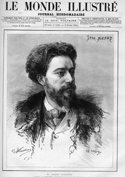 Retrato de Jean Aicard (1848-1921) escritor francês. Gravura em "Le Monde Illustré" (O Mundo Ilustrado) de Unknown artist