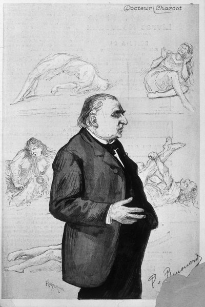 Retrato de Jean Martin Charcot (1825 - 1893) com desenhos que retratam pacientes que sofrem de histeria de Unknown artist