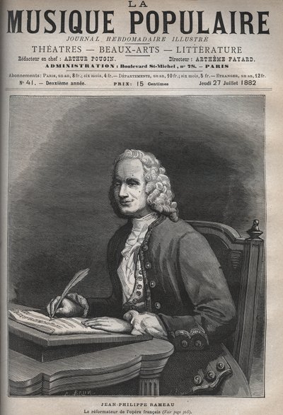 Retrato de Jean Philippe Rameau (1683-1764) - Retrato de Jean-Philippe Rameau (1683-1764), compositor francês - gravura no ilustre jornal semanal "La musique populaire" - 1882 de Unknown artist