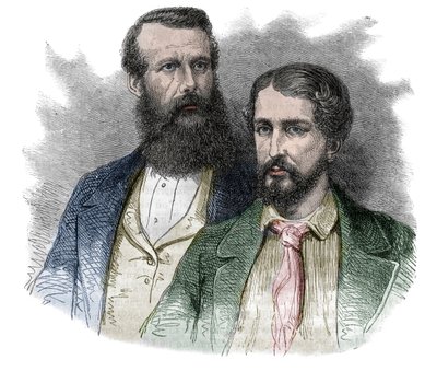 Retrato de John Hanning Speke, explorador britânico, e James Augustus Grant, soldado e explorador britânico. Juntos eles exploraram as nascentes do Rio Nilo - gravura de "A pitoresca história das grandes viagens no século XIX". 1877 de Unknown artist