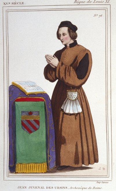 Retrato de John Juvenal des Ursins: Do seu verdadeiro nome Jouvenel. Nascido em 1388 (Paris), morreu em 1473 (Reims, Marne) aos 85 anos de idade. Ele se beneficiou das seguintes fontes de renda: Bispo de Beauvais, Arcebispo de Reims, Bispo de Laon, Clero,  de Unknown artist