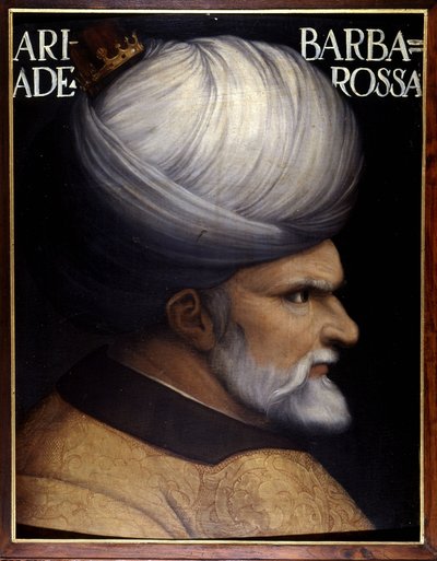 Retrato de Khayr Al-Din Barberousse (1476 -1546), fundador com seu irmão da Regência de Argel, foi o vassalo do sultão otomano e aliado da França contra a pintura do século XVI de Charles V. Museu Uffizi, Florença. de Unknown artist