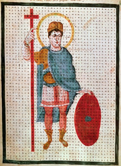 Retrato de Luís I o Pio ou o Debonário" (778-840), miniatura do rei da França em "De Laudibus Sancte Crucis" (ou Codex Vindobonensis) de Rabanus Maurus Magnentius (ou Raban Maurus ou Rabano Mauro) (ca. 780-856), 830 em torno de Viena, Osterreichisch de Unknown artist
