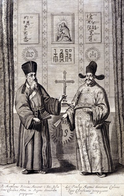Retrato de Matteo Ricci (esquerda), jesuíta italiano e Paul Ly, grande propagador da fé cristã na China, gravura de "De China monumenta" de Athanasius Kircher (1601 - 1680), jesuíta, orientalista e erudito alemão, Amsterdam 1667. de Unknown artist
