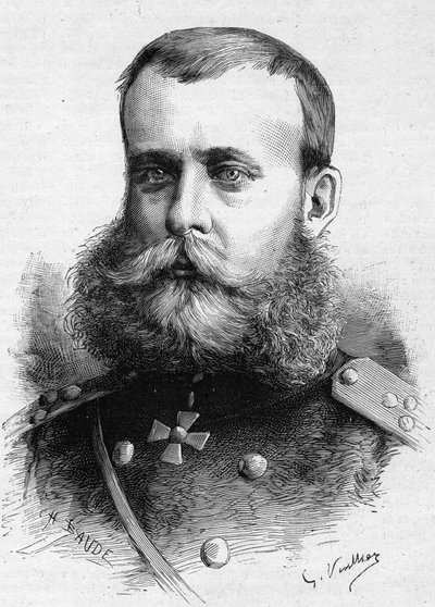 Retrato de Mikhail Dmitrievich Skobeleff (General Skobeleff ou Skobelev) (1843-1882), militar russo. Gravura em "Le Monde Illustré" n°1301 de 4 de março de Unknown artist