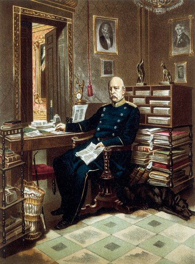 Retrato do príncipe Otto von Bismarck (1815-1898), chanceler e político prussiano, em seu gabinete. Litografia a cores de Unknown artist