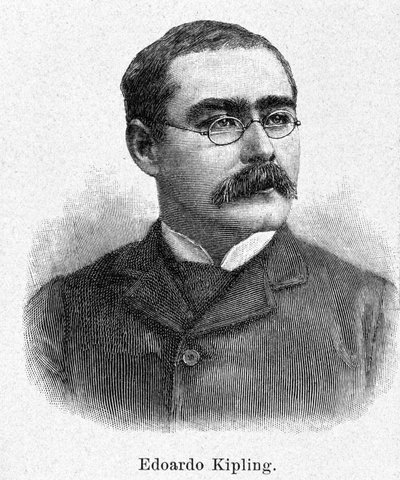 Retrato de Rudyard Kipling (1865-1936), romancista e poeta britânico, gravura do século XIX. de Unknown artist
