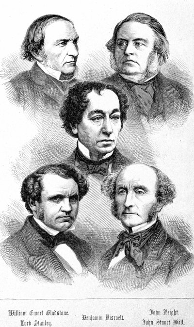 Retrato de William Ewart Gladstone, John Bright, Lord Stanley, John Stuart Mill e Benjamin Disraeli - em "The Contemporains", n.d. final do século XIX. de Unknown artist